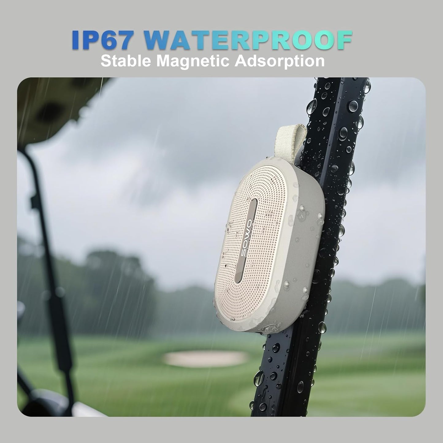 SOWO Wireless Portable Small Speaker, Ultra Magnetic Bluetooth Speaker for Golf Cart, Coverless IP67 Waterproof, 24 H Playtime, Pro Sound, Clip Hanging Design for Outdoor, Indoor - White