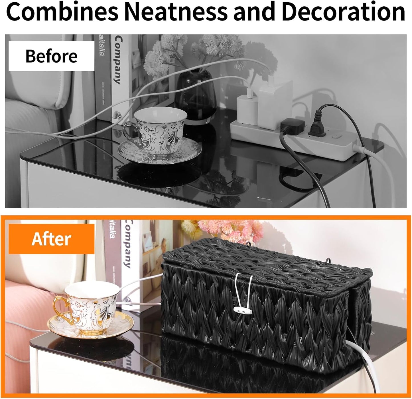 Black Cable Management Box,2 Pack Large & Medium Rattan Cable Organizer Box for Power Strip,2 Open Slots Cords Hider Box for TV Wires, Computer, Router, USB Hub and Under Desk Power Strip