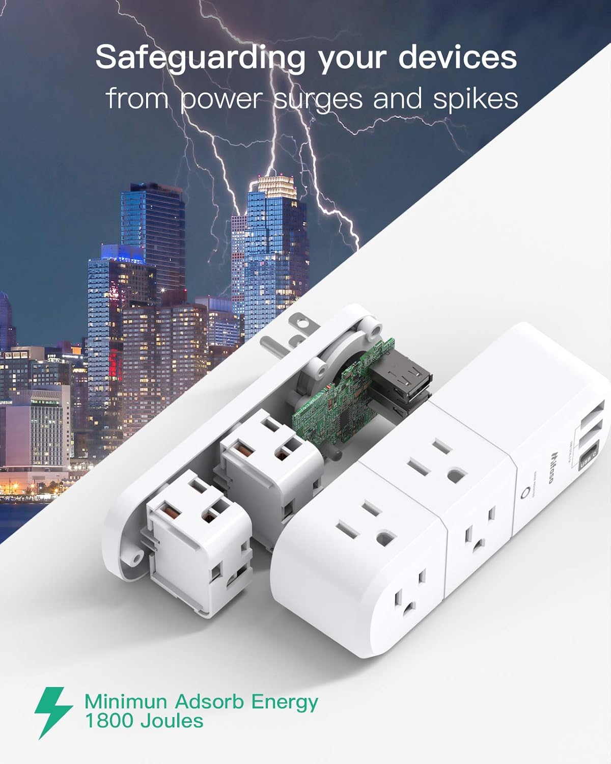 Surge Protector USB Outlet Extender, 6 AC Multi Plug Outlet and 3 USB Ports (1 USB C), 3-Sided Swivel Power Strip Outlet Splitter for Home, Dorm Room Essentials (2 Pack)