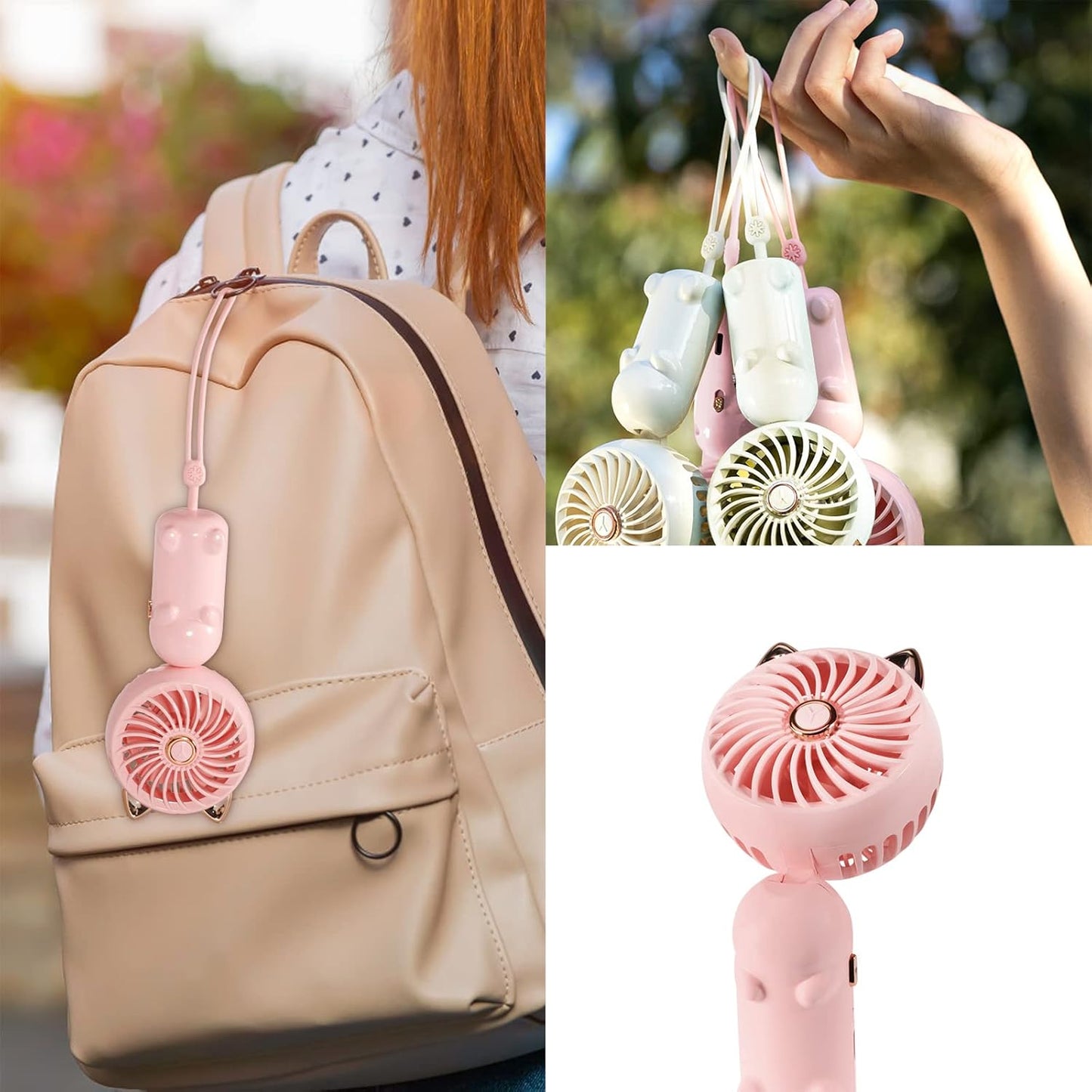 QearFun Handheld Lanyard Fan Portable, Mini USB Rechargeable, 3 Speed Strong Personal, 8-12 Hours Small Makeup for Girls Women Travel Beach (Pink&Green)