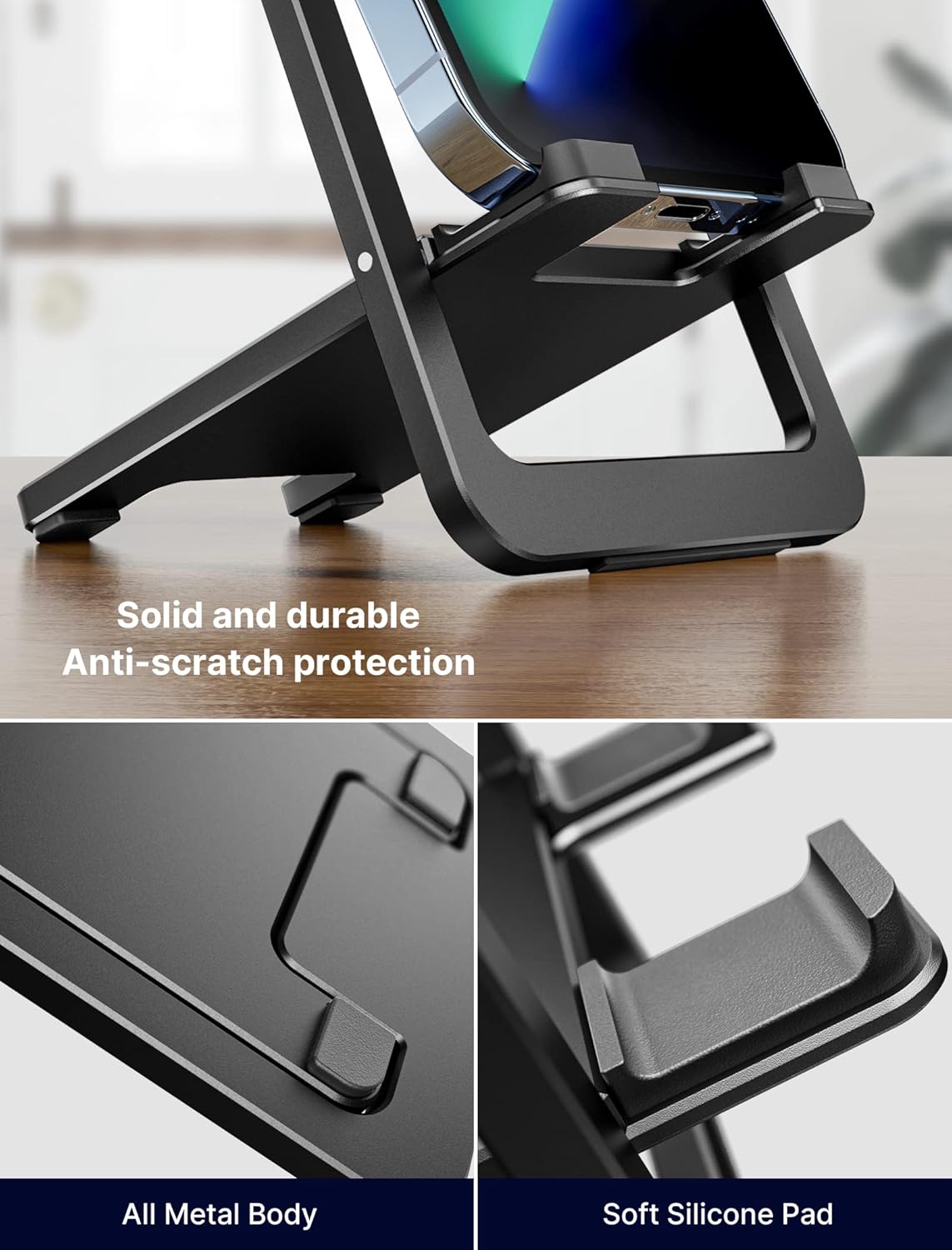 JSAUX Cell Phone Stand, Foldable Aluminum Adjustable Phone Holder for Desk Portable Travel Holder Office Desk Accessories Compatible with iPhone 15 14 13 12 11 Pro Max X Samsung S24 S23 Steam Black