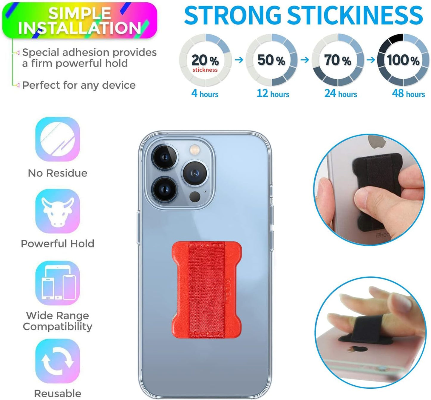 Universal Phone Grip for Smartphones - Phone Holder for Hand - Wireless Charging Compatible (Red) - 2Pack