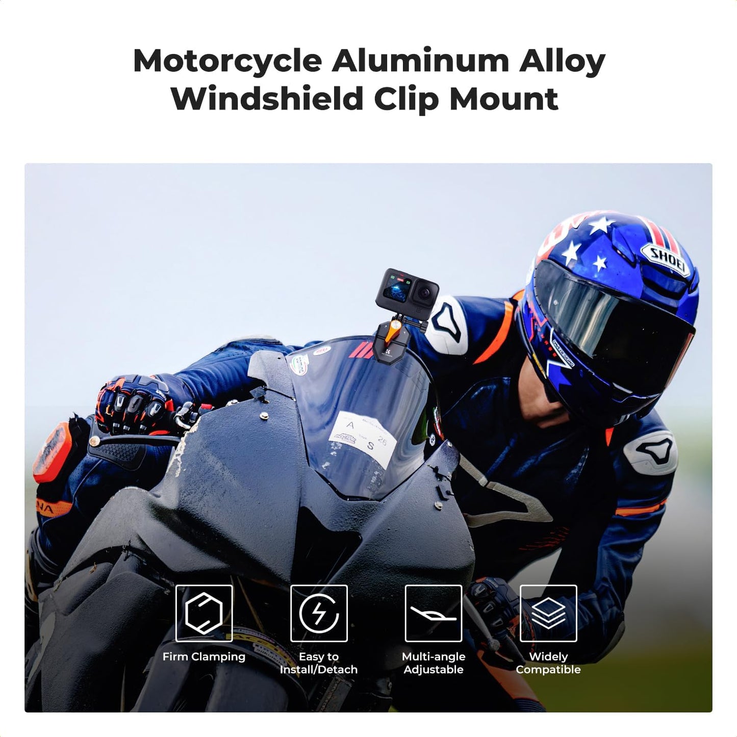 K&F Concept Motorcycle Windshield Clip Mount for GoPro Hero 13/12/11/10/9 Black, Aluminum Alloy Camera Clamp with 1/4” Adapter for DJI Osmo Action 3/4/5 Pro Insta360 X5/X4, Action Camera Accessories