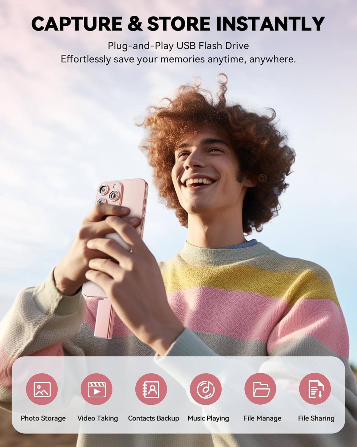 MFi Certified 256GB Flash Drive for iPhone iPad, Photo Stick for External Memory Storage, Easily Back Up and Save Photos, USB Memory Stick Thumb Drive for iPhone/iPad/Android/PC (Light Pink, 256GB)