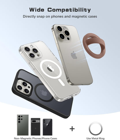 Magnetic Phone Grip, Removable Loop Grip with Soft Finger Strap, Silicone Phone Ring Holder for Back of Phone for iPhone 16/15/14/13/12 Pro Max/Plus, Brown