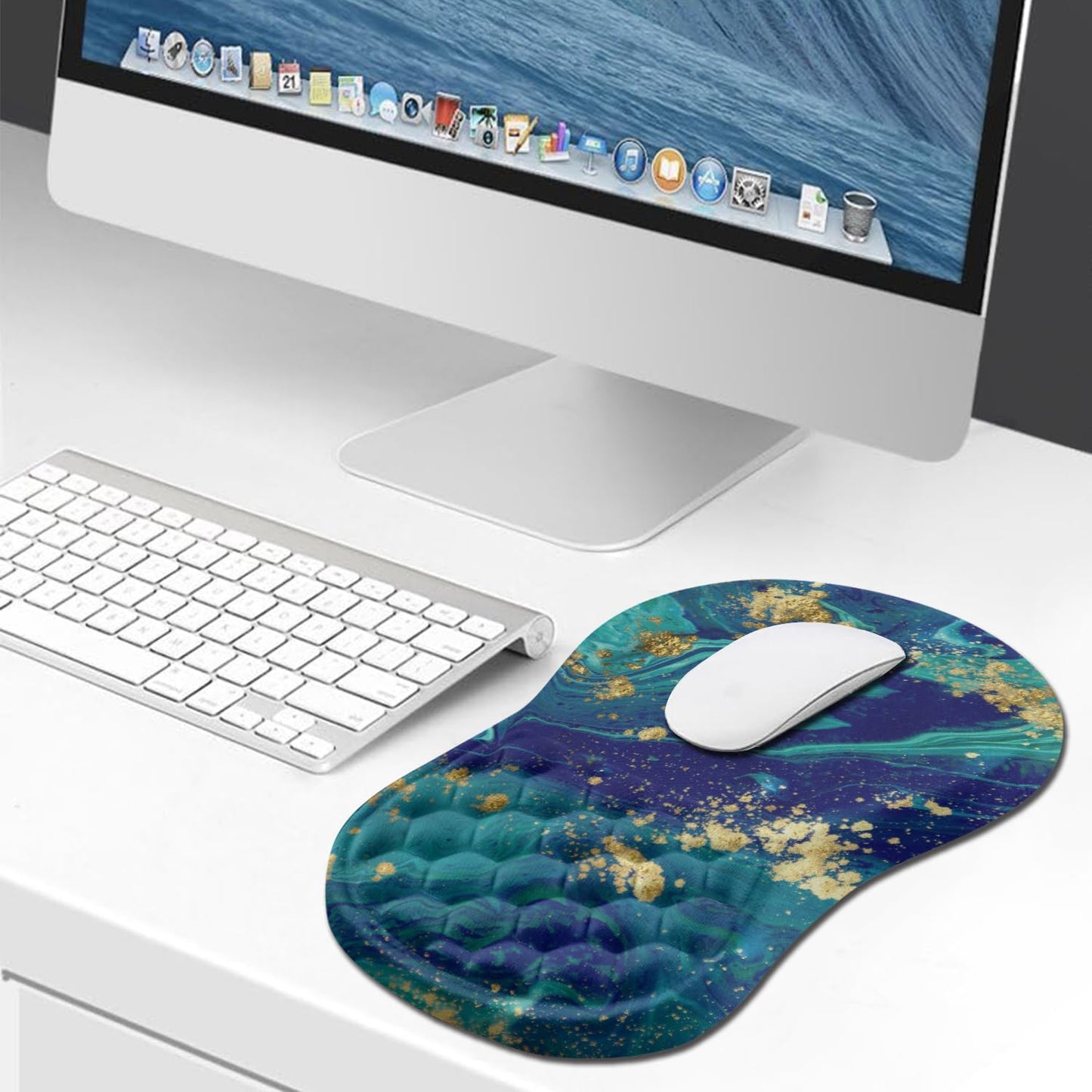 Hokafenle Ergonomic Mouse Pad Wrist Support, Wrist Rest Mousepad for Carpal Tunnel Pain Relief with Integrated Memory Foam Slope Massage Bulge (11.8x7.9 inch,Blue Gold