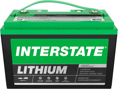 Interstate Batteries 24V 60Ah Group Size 31M Lithium Marine/RV Deep Cycle LiFePO4 Battery, Maintenance Free, Lightweight, Ideal For Boats, Trolling Motors, RV Camping, Off-Grid, Yachts (Li31M24V60)