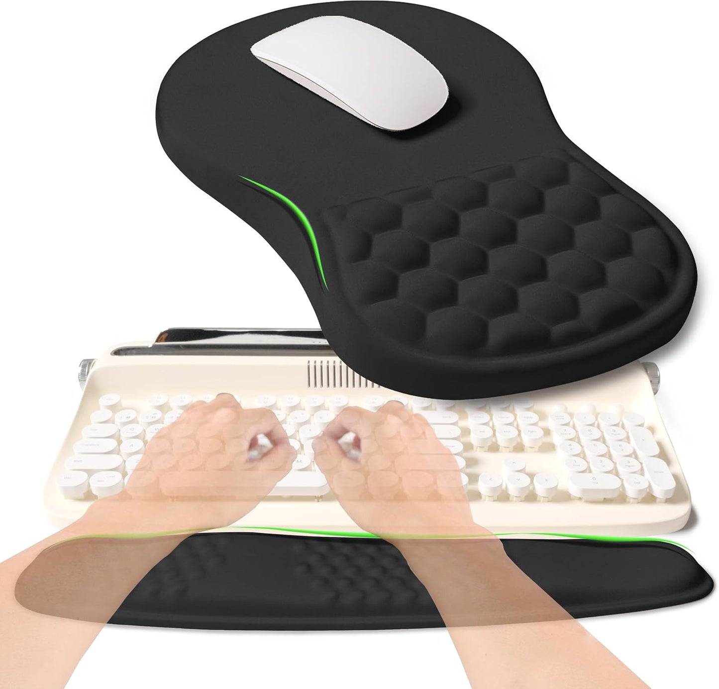 2-in-1 Ergonomic Set, Wave Rise Keyboard Wrist Rest and Massage Bulge Slope Mouse Pad Wrist Support, Cushion Memory Foam Integrated to Relieve Wrist Pain, Black