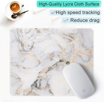 ITNRSIIET Mouse Pad with Stitched Edge Premium Textured Smooth Precise Operation Waterproof Washable Non-Slip Rubber Base Desktop Protection Mat, 10.2×8.3×0.12 inches, Gray Marbling Gold