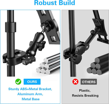 Treadmill Tablet iPad Holder, Aluminum Indoor Exercise Bike Handlebar Mount Clamp for Stationary Elliptical Bicycle Peloton Spin Bike Stroller, Compatible with 4.7"-12.9" Tablets/iPad/Phones