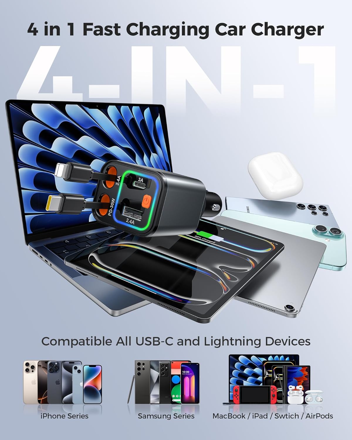 Retractable Car Charger 84W, 4-in-1 Fast Car Charger with Retractables 2.6ft, Cigarette Lighter Charging Block USB+USB C Cube for iPhone 16 Pro MAX 15 14 13 12 Plus,Samsung Galaxy,Pixel