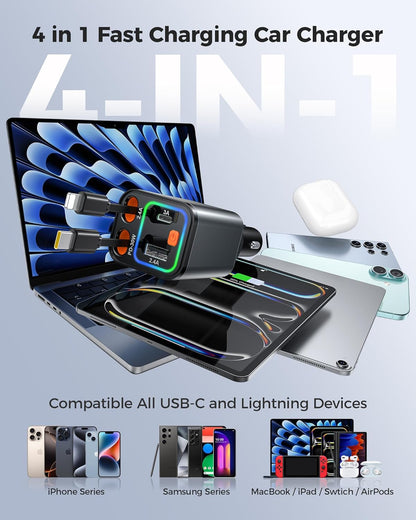 Retractable Car Charger 84W, 4-in-1 Fast Car Charger with Retractables 2.6ft, Cigarette Lighter Charging Block USB+USB C Cube for iPhone 16 Pro MAX 15 14 13 12 Plus,Samsung Galaxy,Pixel