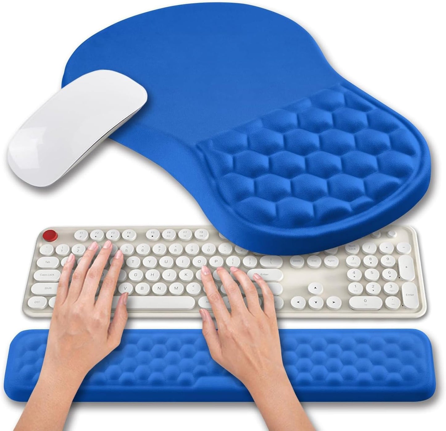 Hokafenle 2 in 1 Ergonomic Mouse Pad Wrist Support & Wrist Rest for Computer Keyboard Set, with Relieve Carpal Tunnel Pain Massage Bulge and Full Memory Gel Design (2In1 Set, Dg Blue)
