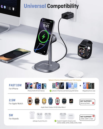 2025 New Magnetic Wireless Charger with Active Cooling, 15W Qi2 Fast 3 in 1 Charging Station for Apple Charger Stand, Wireless Charger for iPhone16/15/14/13/12 Series, Apple Watch, AirPods