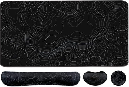 Topographic Large Mouse Pad and Keyboard Wrist Rest, Desk Pad for Keyboard and Mouse, 4-in-1 Large Gaming Mouse Pad with Wrist Support, Non-Slip Desk Mat for Home Office Study Game-Topographic Contour