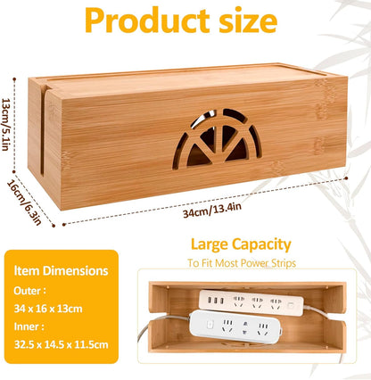 Bamboo Cable Management Box,Extra Large Cord Organizer Box,Power Strips Hider,Plug Strip Cord Box,Outlet Holder,Cords Concealer,Wires Covers,Desk & Floor Tidy Solution (Straight lid)