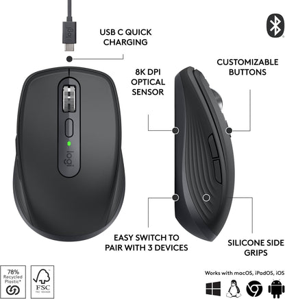 Logitech MX Anywhere 3S Compact Wireless Mouse, Fast Scrolling, 8K DPI Any-Surface Tracking, Quiet Clicks, Programmable Buttons, USB C, Bluetooth, Windows PC, Linux, Chrome, Mac - Graphite