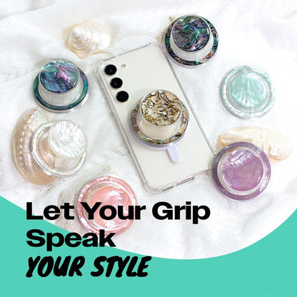 OnTheGrip Cute Natural Seashell Design Round Shape Collapsible Mobile Phone Grip Stand Holder for Smartphone Tablet Cell Phone Accessory (Black Fresh Water)