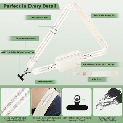 Clip and Go Strap for Phone with Wallet Crossbody, Adjustable Phone Lanyard with Detachable RFID Wristlet Wallet, Pattern Strap, Cream&Silver (M)