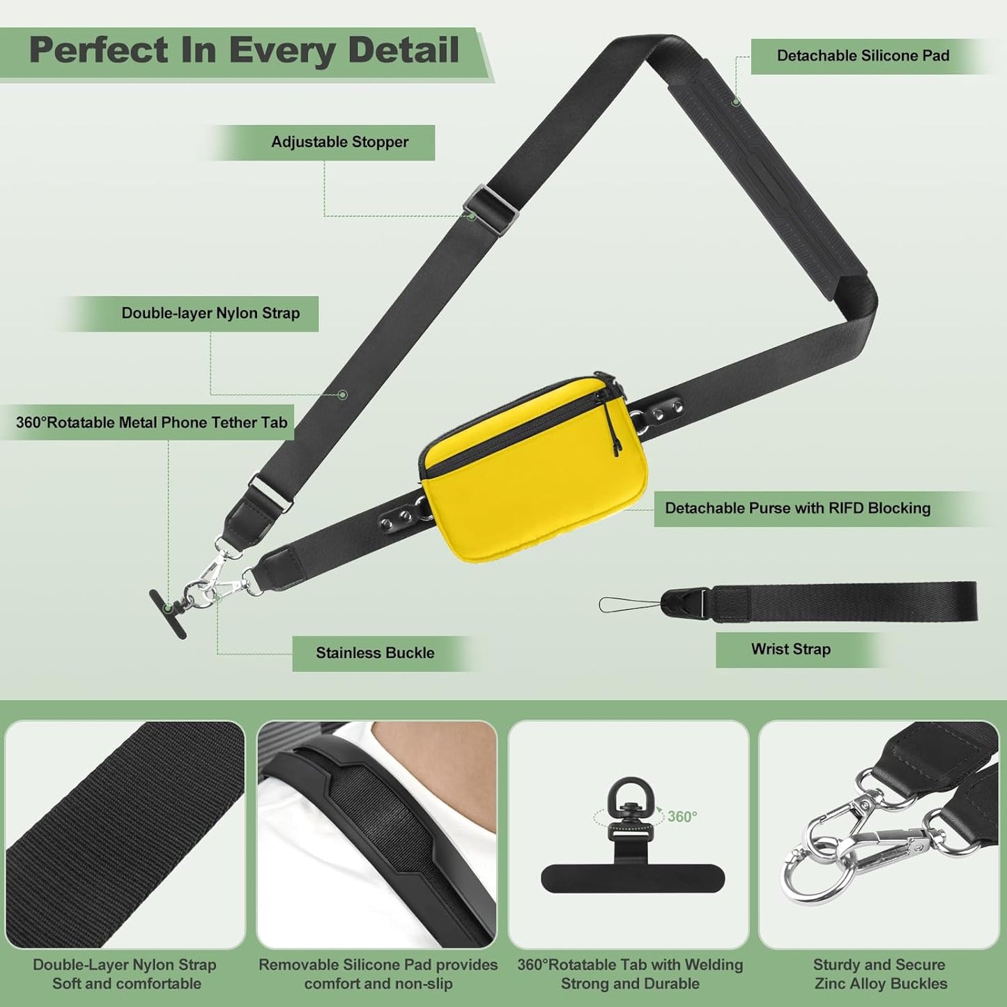 Clip and Go Strap for Phone with Wallet Crossbody, Adjustable Phone Lanyard with Detachable RFID Wristlet Wallet & Ultra-Thin 360° Rotatable Metal Tabs for All Smartphones (Yellow)