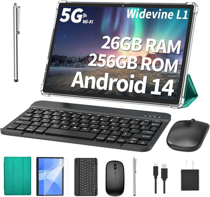 Android Tablet with Keyboard, 26GB RAM, 256GB ROM(1TB Expand), 10.1 inch Android 14 Tablet, 8000mAh Battery, BT 5.0, GMS Certified, 2.4G&5G WiFi, 2 in 1 Tablets with Mouse, Case, Stylus(Green)