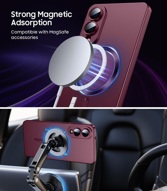 Magnetic for Samsung Galaxy S25 Edge Case [Compatible with MagSafe][Built-in Camera Lens Protector] Slim Soft Silicone Bumper Shockproof Metallic Luster Phone Case (Burgundy)