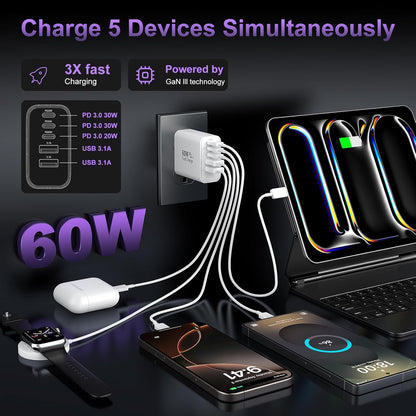 USB C Fast Wall Charger Block, 2Pack 60W USBC Charging Cubes, 5-Port PD+QC Power Adapter Multiport Brick Type C Box Plug for Phone 16/15/14/13/12/11/Pro Max/Plus, Pad Mini/Pro/S25/S24-White+Black