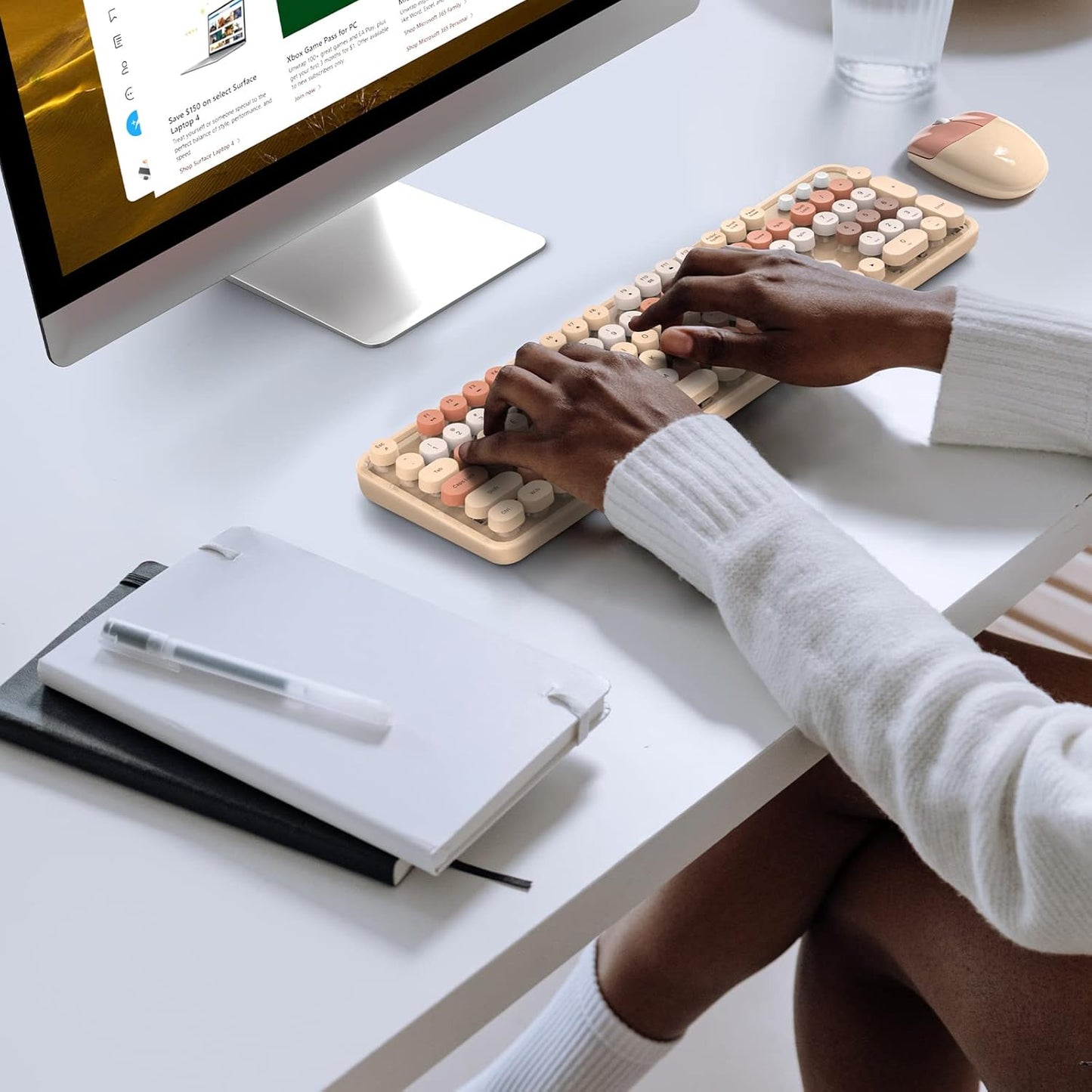 KNOWSQT Wireless Keyboard and Mouse Combo - MilkTea Colorful 2.4G Typewriter Full-Size Cute Keyboards - USB Receiver Plug and Play, for Computer, PC, Laptop, Desktop, Windows