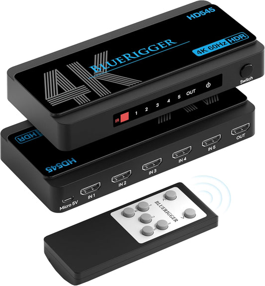 BlueRigger 4K HDMI Switch 5 in 1 Out (4K 60Hz, 5 Port Video Switcher, HDMI Hub, HDR10+, 18Gbps, Selector Box with IR Remote) – Compatible with HDTV, PS5, Xbox, Apple TV, Projector, Blu-Ray