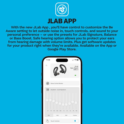 JLab Epic Air Sport ANC 3 True Wireless Bluetooth Earbuds for Active Workout, Hybrid Dual Drivers for Premium Sound, Hi-Res Audio, Spatial Audio, AAC, Sweatproof, 12+ Hours Playtime, Google Fast Pair