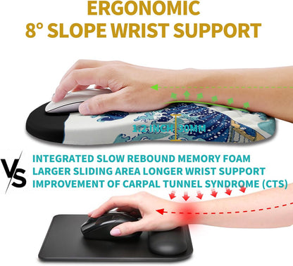 Hokafenle Ergonomic Mouse Pad Wrist Support, Wrist Rest Mousepad for Carpal Tunnel Pain Relief with Integrated Memory Foam Slope Massage Bulge (11.8x7.9 inch,Sea Wave
