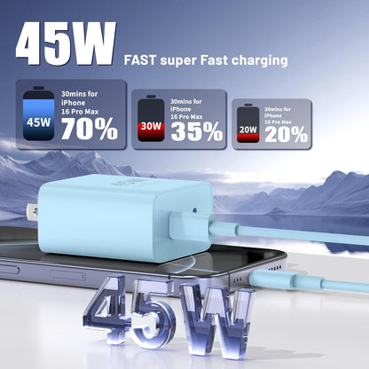 iPhone 16 15 Pro Max Charger Fast Charging,45W Dual Port USB C Fast Charger Block [2-Pack] & Extra Long 60W 3/6/10/10FT USB C Cable - PD Quick Adapter 3.0 for iPhone 16 15/16 15Pro/16 15 Plus.