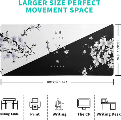Black and White Japanese Cherry Blossom Gaming Mouse Pad Sakura Death Life Flower Mat 31.5x11.8 Inch Texture Non-Slip Rubber Base Mousepad Stitched Edges Keyboard Desk Pad for Office Home Game