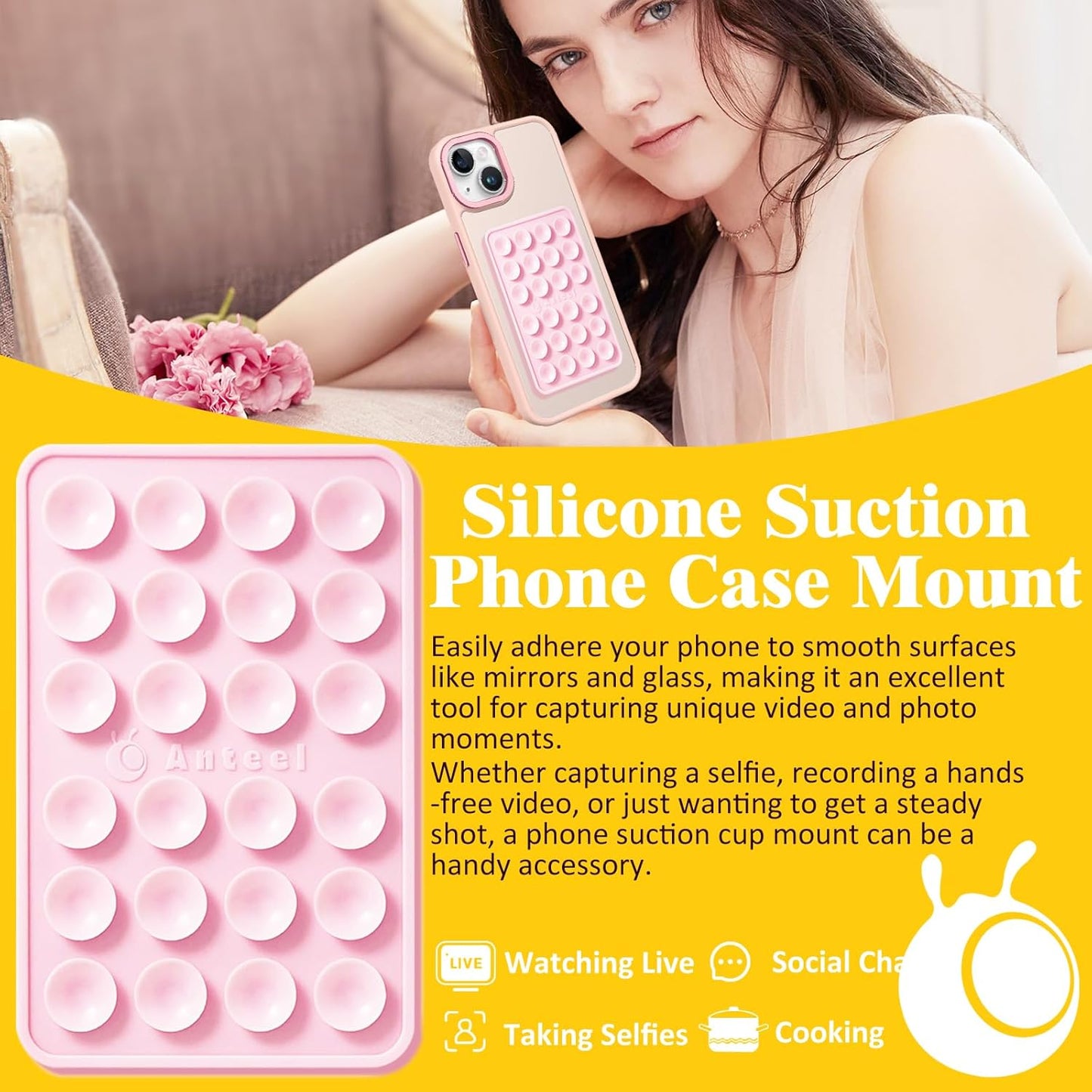 Anteel Medium-Sized Silicone Suction Phone Case Adhesive Mount, Enhanced Suction Power and Upgraded Thickened Sticky Phone Grip, Durable, Hands-Free Sticky Phone Holder, 2.28"x3.46" (BLK&BLK)