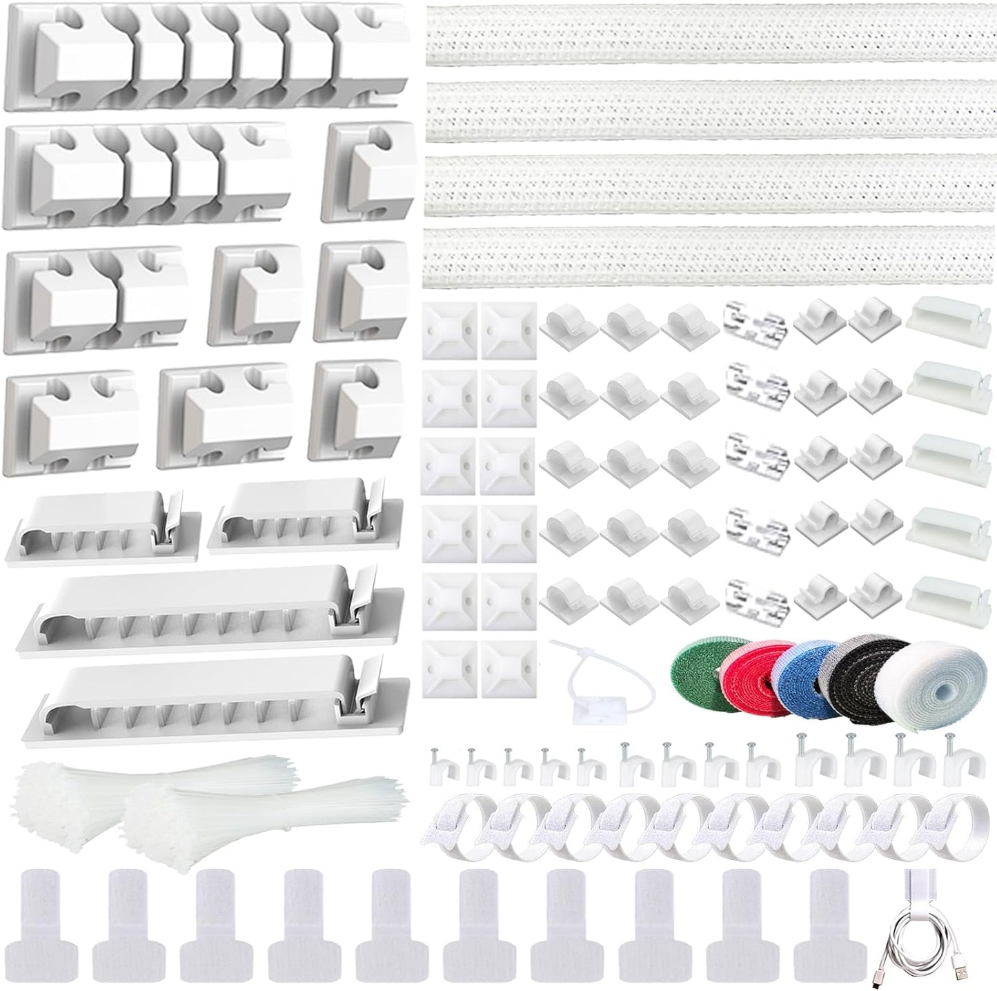 ELII 327PCS White Cable Management Kit 4 Cable Cable Sleeves, 65 Cable Clips with 13Cord Holders,20+5Roll Cable Organizer Straps,200 Fastening Cable Ties,20 Cable Zip Tie Mounts for Computer (White)