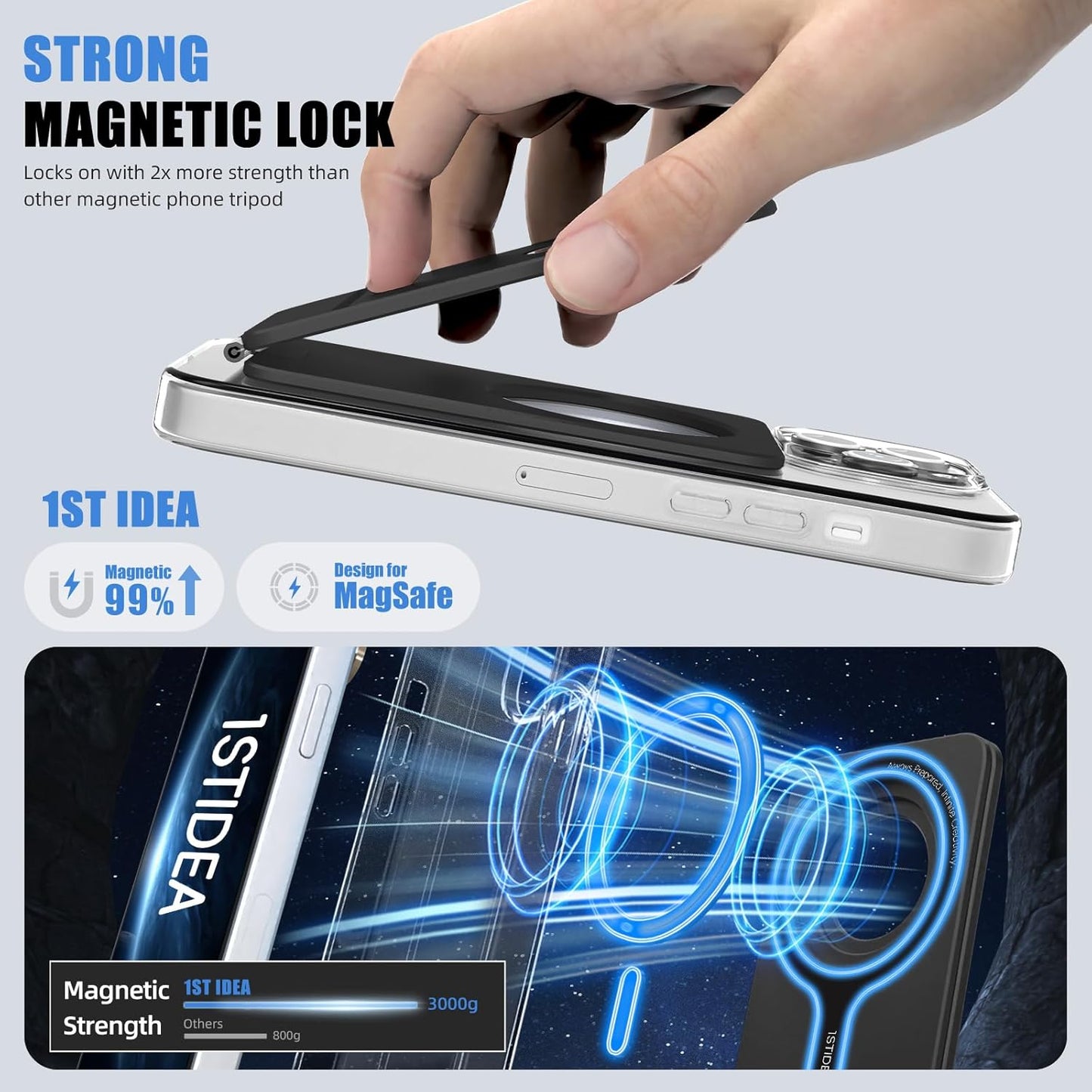 Magnetic Tripod for iPhone, Aluminium Phone Tripod Stand Compatible with Magsafe iPhone 16/15/14/13/12 Series, Foldable Strong Magnetic Phone Stand & Portable Phone Holder, Black