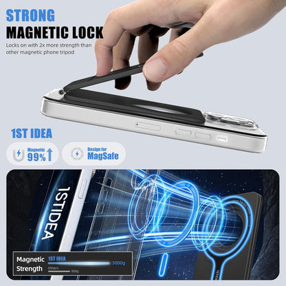 Magnetic Tripod for iPhone, Aluminium Phone Tripod Stand Compatible with Magsafe iPhone 16/15/14/13/12 Series, Foldable Strong Magnetic Phone Stand & Portable Phone Holder, Black