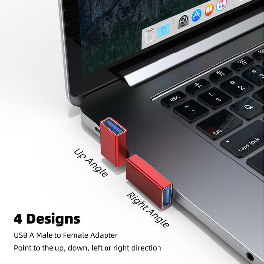 AreMe 90 Degree USB 3.0 Adapter 4 Pack, Up and Down Angle, Left and Right Angle USB A Male to Female Converter Extender for PC, Laptop, USB A Charger, Power Bank and More (Red)