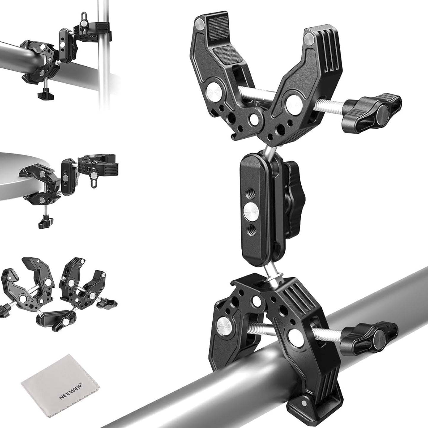 NEEWER Double Super Clamp with Magic Arm, Cleaning Cloth, Umbrella Camera Pole Clamp Mount for Desk Photo Studio Light Stand, Reflector, Scrim, Cross Bar, Motorcycle, Photography Accessories, UA036