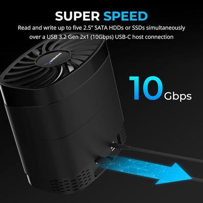 SABRENT 5-Bay USB-C Docking Station for 2.5” SATA HDDs and SSDs with Built-in Cooling Fan (DS-5R15)