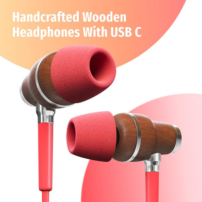 Symphonized Premium Wooden iPhone Earphones Wired (USB C) Deep Bass Sound, 3D Sound, Microphone Volume Control, 90% Noise Cancelling for Type C Devices. Earphones for iPhone 15 to 16 & Android
