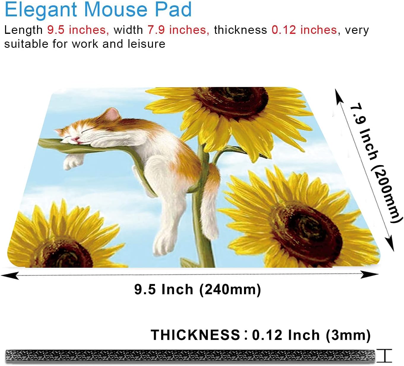 Cats and Sunflowers Mouse Pad Non-Slip Rubber Base Gaming MousePads for Computers Laptop Office,Cute Mouse Pads with Designs for Women,9.5"x7.9"x0.12" Inch(240mm x 200mm x 3mm)