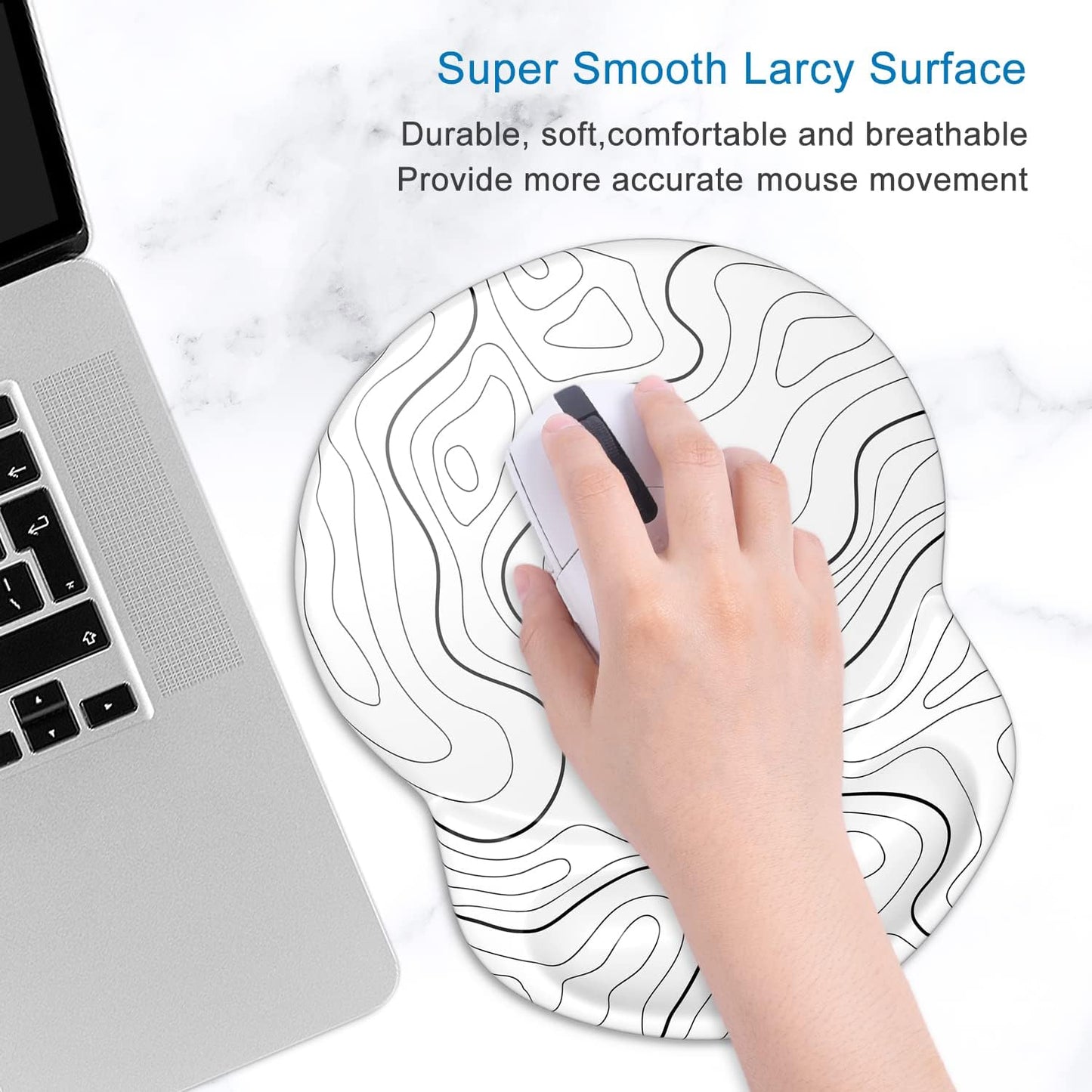 ITNRSIIET Ergonomic Mouse Pad with Gel Wrist Support Small Wrist Rest Smooth Surface Non-Slip PU Base Comfortable Office Supplies Pain Relief, 8.7 x 7.2 inches, Topographic Contour White