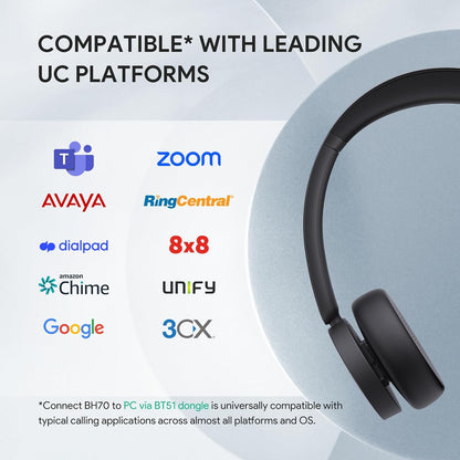 Yealink BH70 UC (NO Dongle) Wireless Bluetooth Headset with Microphone for Work, 35h Talking Battery Life, 3-Mic Noise Cancellation Headsets for Computer, 147g Lightweight Headphone for Open Office