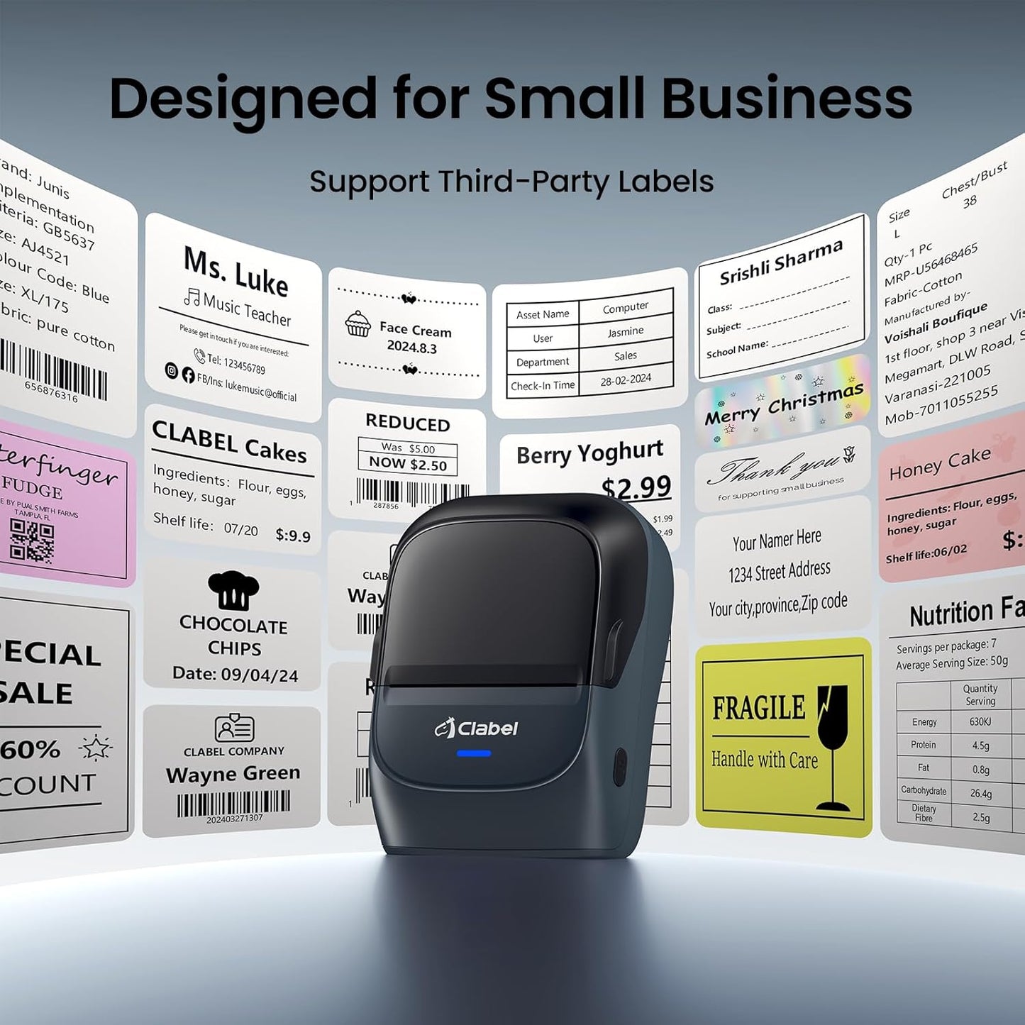 CLABEL Thermal Label Maker Machine: 221B Bluetooth Label Maker Machine with Tape Mini Sticker Printer Barcode Printer Compatible with Smartphone with 1 Roll 40x30mm Label (Blue)