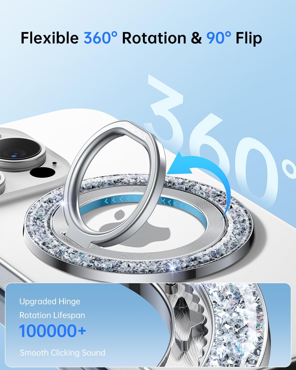 SYNCWIRE Magnetic Phone Ring Holder for MagSafe - Glitter Phone Grip Stand with 360° Rotation & Reinforced Hinge, Compatible with iPhone 16 15 14 13 Pro Max Plus MagSafe Accessories - Glitter Silver