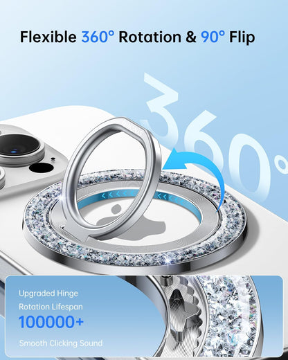 SYNCWIRE Magnetic Phone Ring Holder for MagSafe - Glitter Phone Grip Stand with 360° Rotation & Reinforced Hinge, Compatible with iPhone 16 15 14 13 Pro Max Plus MagSafe Accessories - Glitter Silver