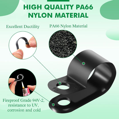 Hicarer 50 Pack R-Type Cable Clip Wire Clamp, Nylon Screw Mounting Cord Fastener Clips with 50 Pack Screws for Wire Management (Black, 1/2 Inch)