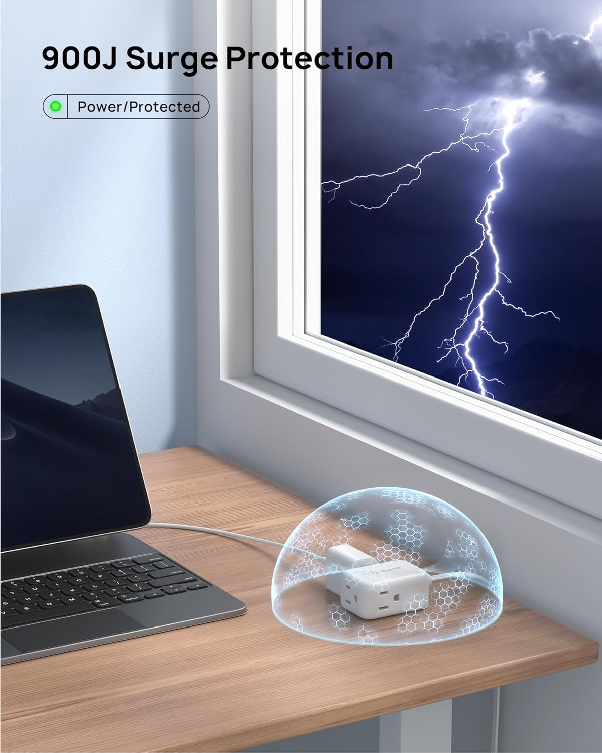 TROND 360° Rotating Flat Plug Extension Cord Surge Protector 10ft, Small Power Strip with 900 Joules, 3 Side Grounded Outlets, 13A, SPT 16/3 Gauge Wire, for Indoor Home Office Dorm Essentials, White