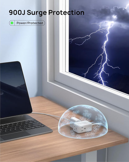 TROND 360° Rotating Flat Plug Extension Cord Surge Protector 1.5ft, Small Power Strip with 900 Joules, 3 Side Grounded Outlets, 13A, SPT 16/3 Gauge Wire for Indoor Home Office Dorm Room Travel, White